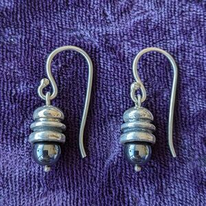 Vintage 925 Sterling Silver Acorn Dangle Drop Earrings With Natural Hematite